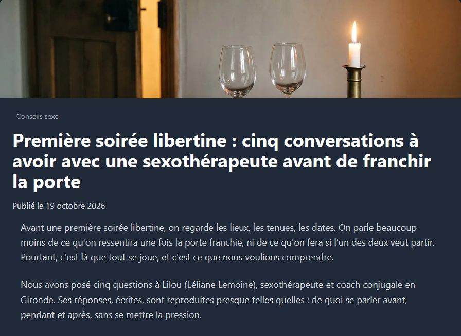 Illustration de l'article LeBisou sur la première expérience libertine, avec les conseils de Lilou, sexothérapeute et coach conjugale.